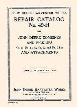 Fits John Deere Combine Cutter 11 A 12 11A 12A Parts Manual